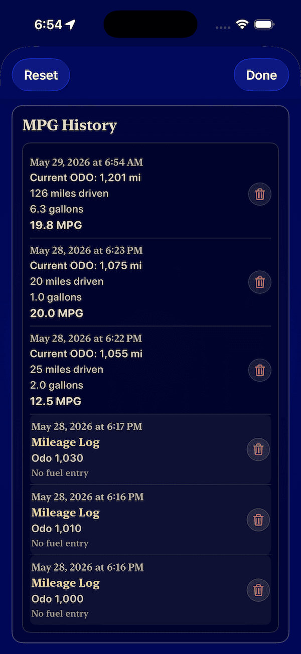 A-Speed MPG history showing past fill-ups and fuel economy records