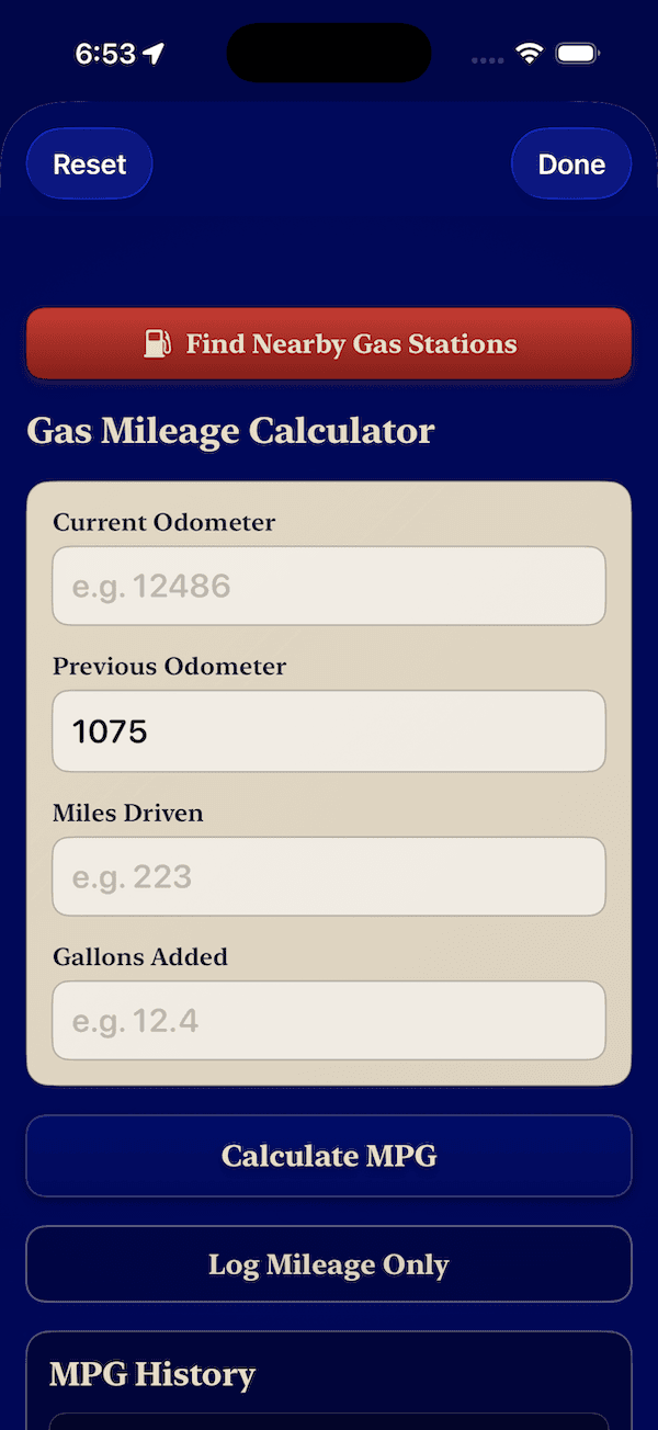 A-Speed fuel economy calculator showing MPG and KM/L