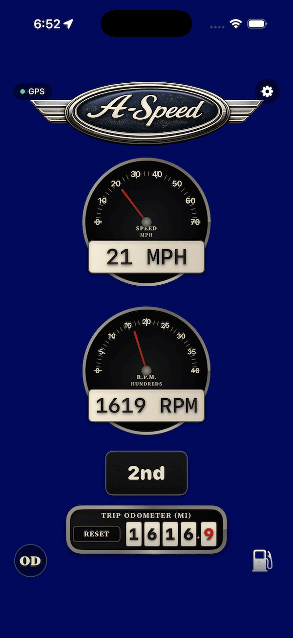 A-Speed main dashboard showing vintage Model A Ford speedometer and RPM gauges