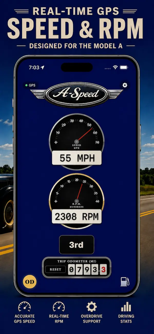 A-Speed main dashboard showing vintage Model A speedometer and RPM gauges